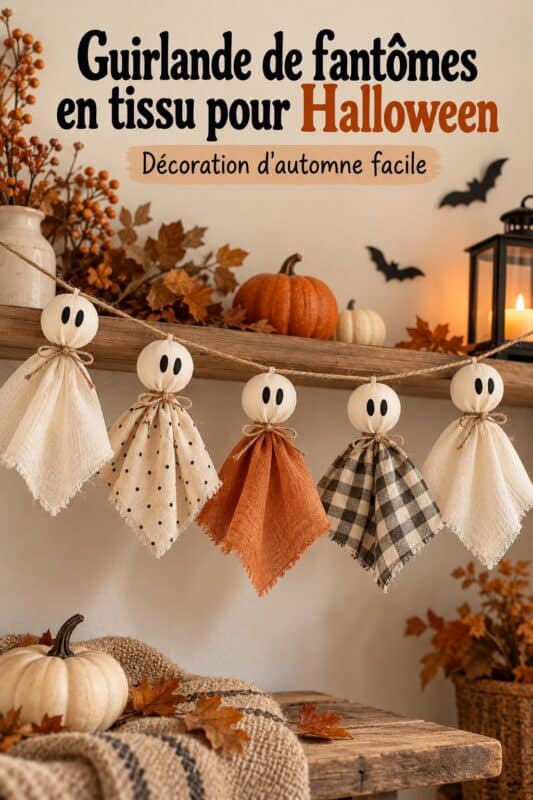 Guirlande fantôme en tissu accrochée dans un salon décoré pour Halloween
