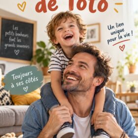 Illustration chaleureuse montrant Toto et son papa en pleine aventure.