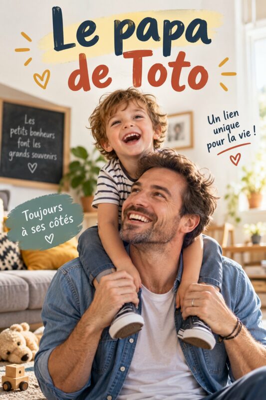 Illustration chaleureuse montrant Toto et son papa en pleine aventure.