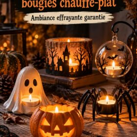 Décoration d'Halloween avec des bougies créatives et artisanales dans un cadre chaleureux.