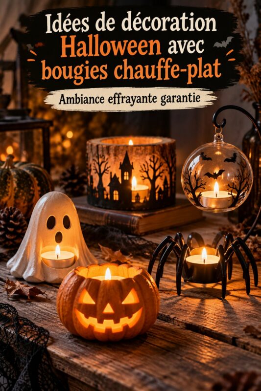 Décoration d'Halloween avec des bougies créatives et artisanales dans un cadre chaleureux.