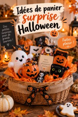 Un panier surprise décoré pour Halloween rempli de bonbons et de petits jouets.
