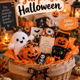Un panier surprise décoré pour Halloween rempli de bonbons et de petits jouets.
