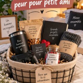 Un panier cadeau rempli de surprises pour un petit ami.
