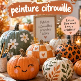 Enfants peignant des citrouilles colorées ensemble pour Halloween
