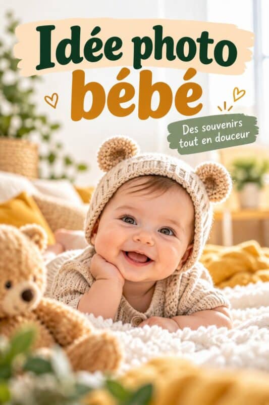 Un bébé souriant sur un plaid doux, prêt pour une séance photo créative.
