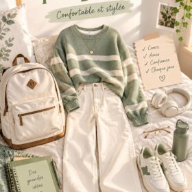 Un enfant souriant portant un outfit coloré pour aller à l'école
