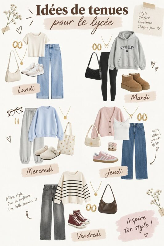 Un adolescent portant une tenue stylée pour la rentrée au lycée, avec un mélange de vêtements modernes.