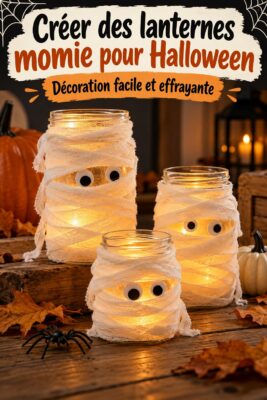 Un ensemble de lanternes Halloween réalisées à partir de bocaux, décorées de façon amusante et lumineuse.