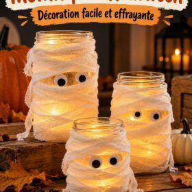 Un ensemble de lanternes Halloween réalisées à partir de bocaux, décorées de façon amusante et lumineuse.