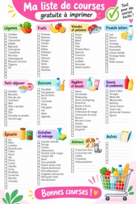 Modèle de liste de courses imprimable avec des sections pour les différents produits