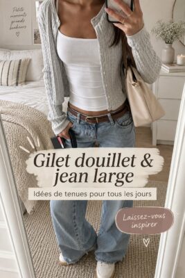 Femme heureux portant un cardigan cosy et des jeans amples dans un environnement familial.