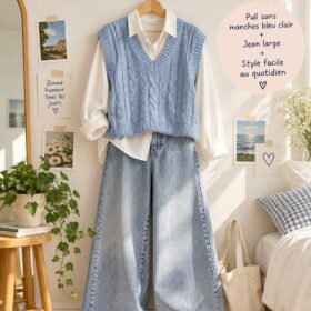 Un pull en mailles bleu associé à un jean large, illustrant un look décontracté chic.