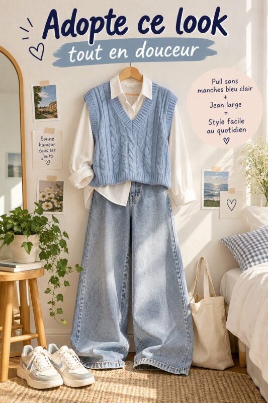 Un pull en mailles bleu associé à un jean large, illustrant un look décontracté chic.