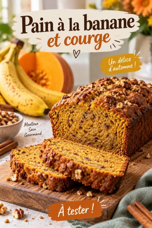 Un pain à la banane et à la courge frais sorti du four, doré et moelleux.