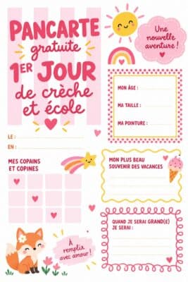 Pancarte personnalisée pour le premier jour de crèche avec un design coloré.