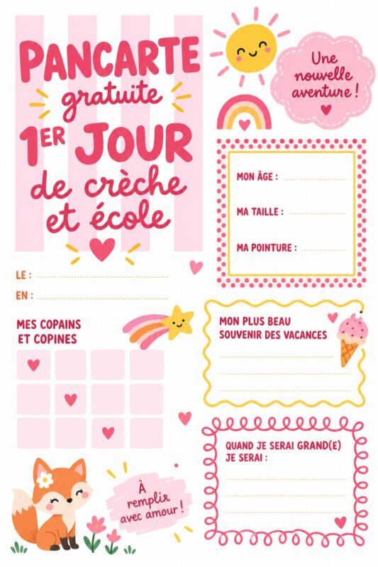 Pancarte personnalisée pour le premier jour de crèche avec un design coloré.