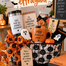Un panier décoré pour Halloween rempli de bonbons et de fournitures scolaires.