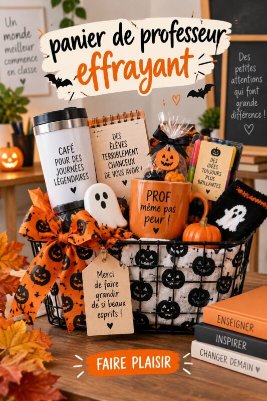 Un panier décoré pour Halloween rempli de bonbons et de fournitures scolaires.
