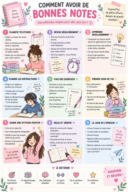 Un enfant souriant étudiant à son bureau, entouré de livres et de fournitures scolaires.