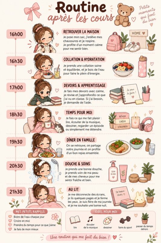 Illustration d'une mère et son enfant partageant un moment calme après l'école avec des livres