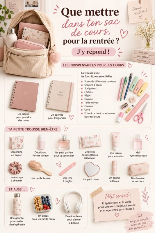 Un sac d'école rempli de fournitures scolaires essentielles pour la rentrée.