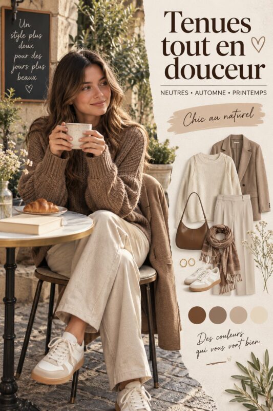 Une femme portant une tenue chic automnale dans des couleurs douces et neutres.