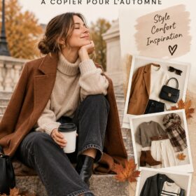 Une sélection de tenues élégantes pour l'automne, mettant en avant des couleurs chaudes et des styles variés.