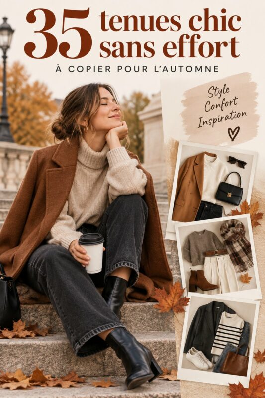 Une sélection de tenues élégantes pour l'automne, mettant en avant des couleurs chaudes et des styles variés.
