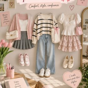 Une jeune fille souriante portant une tenue girly colorée pour l'école.