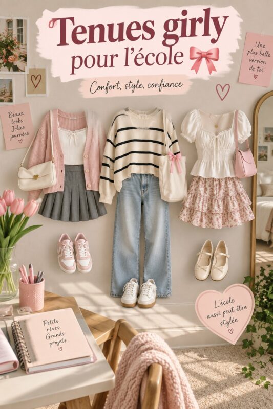 Une jeune fille souriante portant une tenue girly colorée pour l'école.