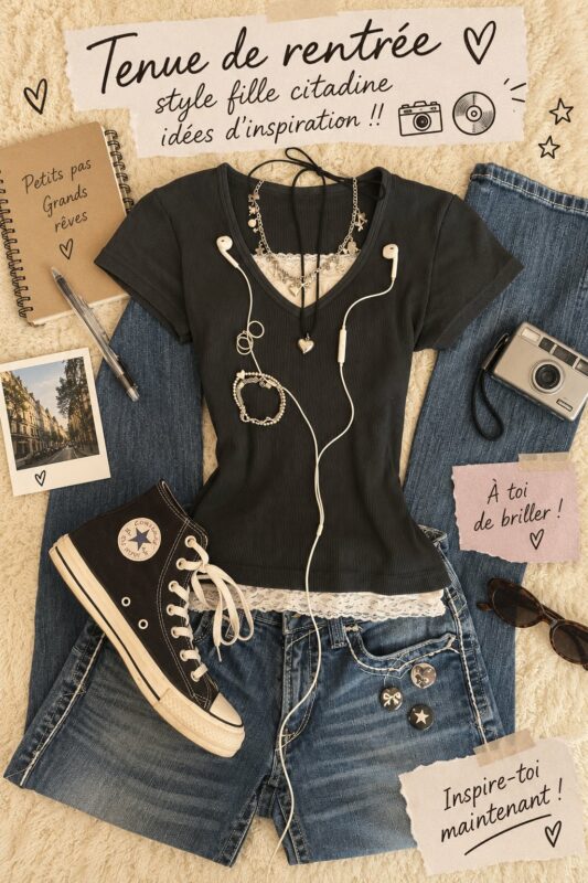 Une jeune fille portant une tenue girly moderne pour la rentrée scolaire en ville.