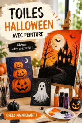 Des toiles d'Halloween colorées avec des motifs créatifs, peints par des enfants.