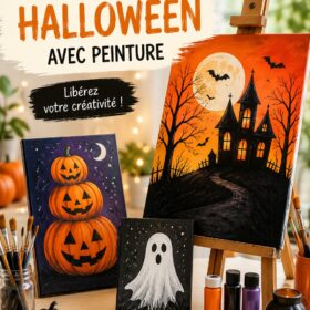 Des toiles d'Halloween colorées avec des motifs créatifs, peints par des enfants.