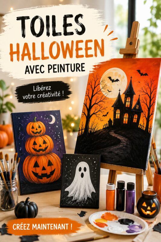 Des toiles d'Halloween colorées avec des motifs créatifs, peints par des enfants.