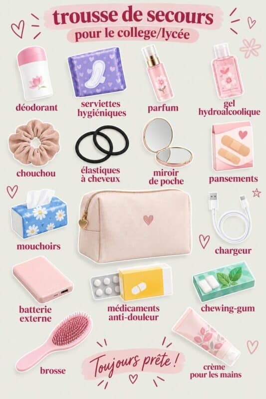 Trousse de secours bien équipée pour collégiens et lycéens avec des éléments essentiels.