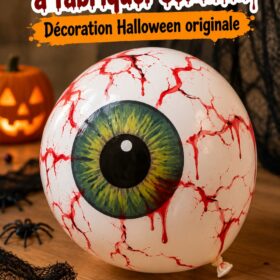 Un balloon oculaire sanglant décorant une pièce pour Halloween, créant une ambiance terrifiante.