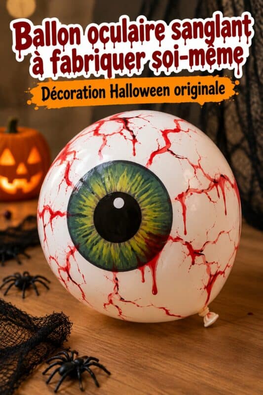Un balloon oculaire sanglant décorant une pièce pour Halloween, créant une ambiance terrifiante.