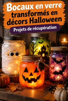 Bocaux en verre décorés pour Halloween avec des motifs de fantômes et de citrouilles.