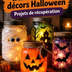 Bocaux en verre décorés pour Halloween avec des motifs de fantômes et de citrouilles.