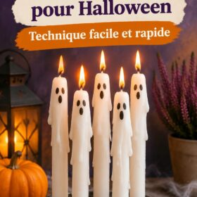 Bougies fantômes en cire brute éclairant une table d'Halloween