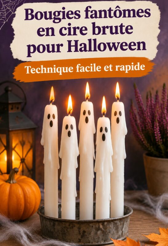 Bougies fantômes en cire brute éclairant une table d'Halloween