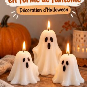 Bougies fantômes faites maison pour Halloween sur une table décorée.