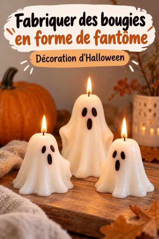 Bougies fantômes faites maison pour Halloween sur une table décorée.