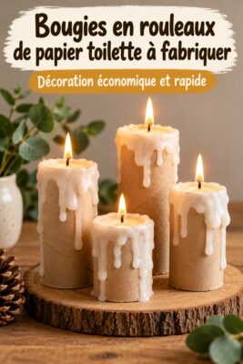 Bougies colorées fabriquées à partir de rouleaux de papier toilette sur une table.