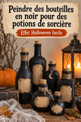 Bouteilles noires peintes pour Halloween, prêtes à être utilisées comme potions de sorcière.