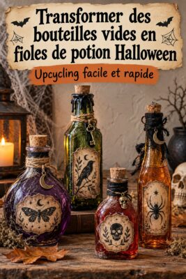 Bouteilles vides transformées en fioles de potion décoratives pour Halloween