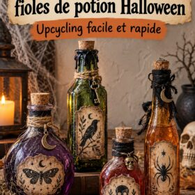 Bouteilles vides transformées en fioles de potion décoratives pour Halloween