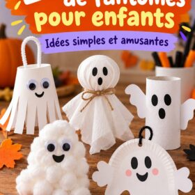 Collection de bricolages de fantômes réalisés par des enfants pour Halloween.