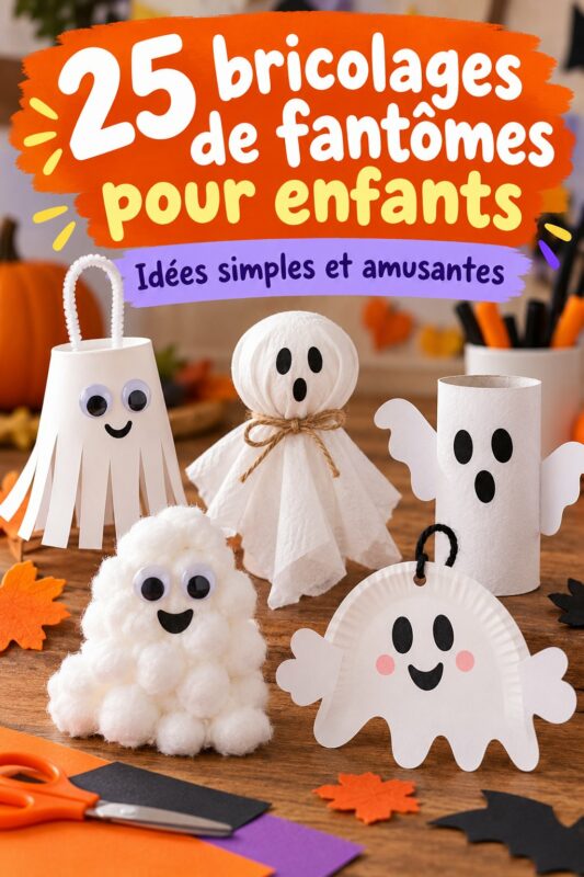 Collection de bricolages de fantômes réalisés par des enfants pour Halloween.